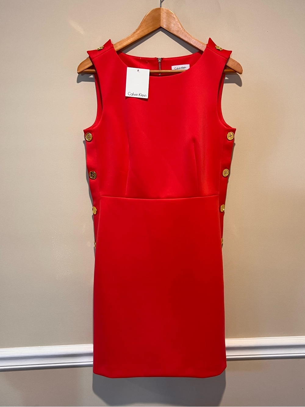 Calvin Klein Red Sleeveless Sheath Dress with Gold Buttons